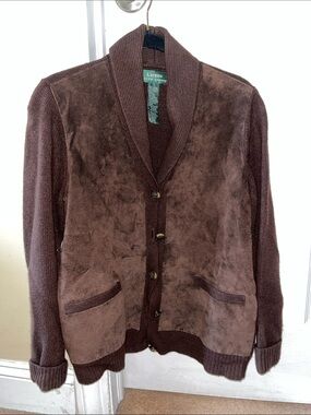 Vintage Lauren Ralph Lauren Brown Shawl-Collar Suede-Style Cardigan